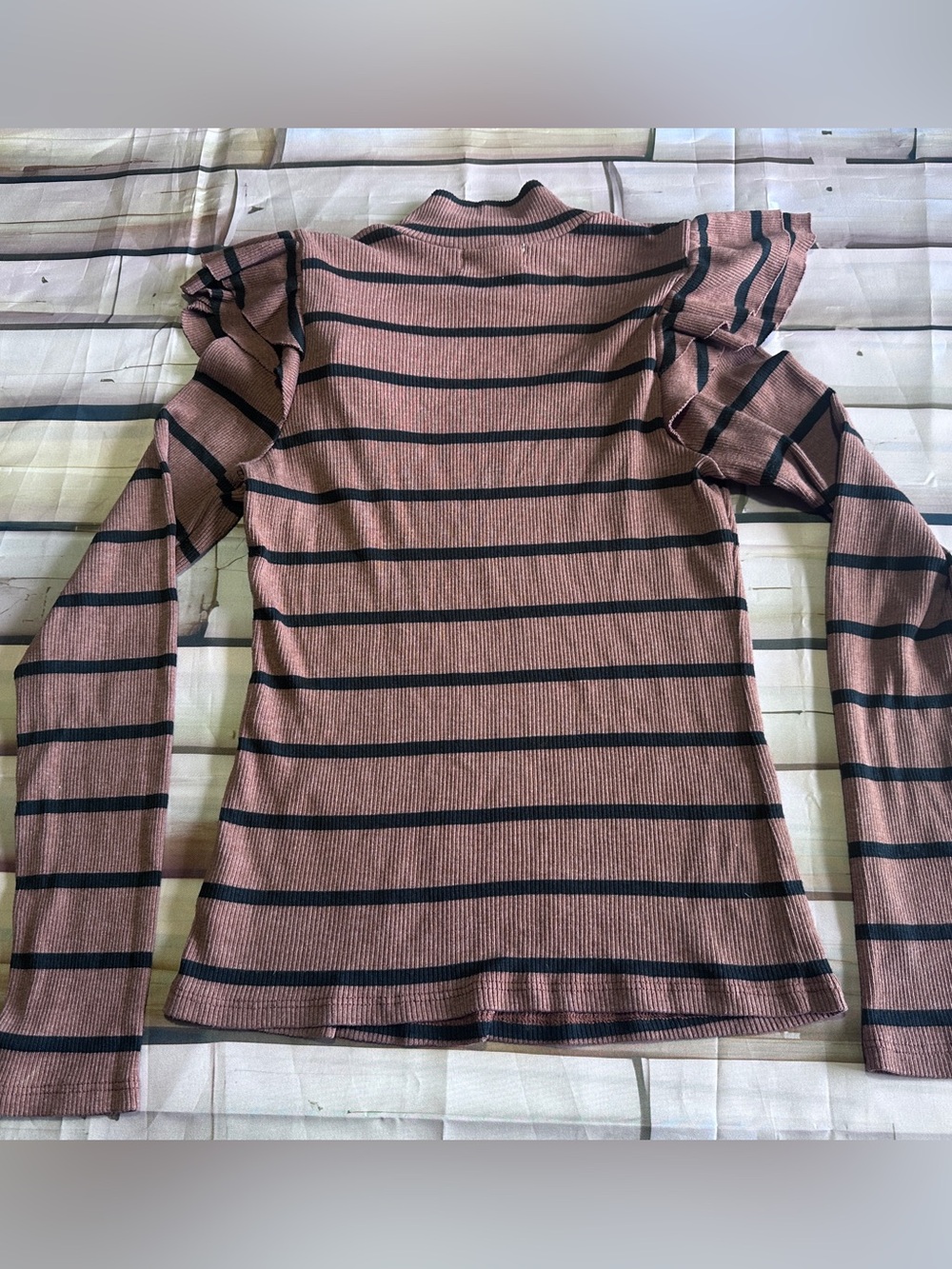 t.la Striped Ribbed Ruffle Shoulder Mock Neck Top Brown Black Size S